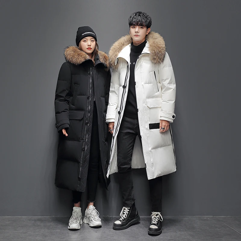 Down jacket Men's long thickened extreme winter coat oversized fur collar 2021 new winter couple white duck down windproof coat