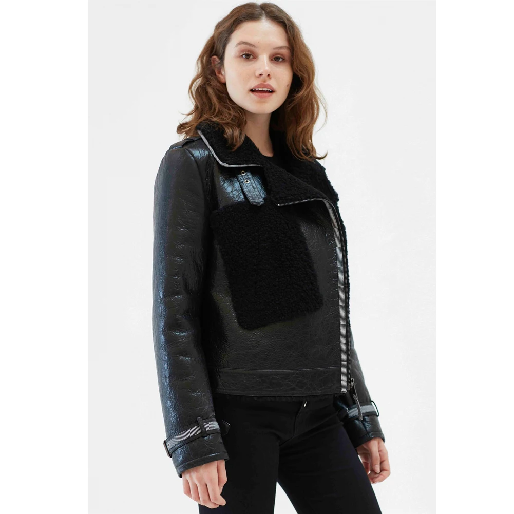 Womens Black Shearling Coat Turkey Wool Coat Short Leather Jacket Womens Bomber Jacket Fur Coat