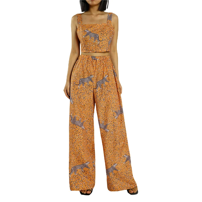 

Женская Повседневная майка и брюки с широкими штанинами, повседневная Стильная летняя одежда с высокой талией и леопардовым принтом, 2021