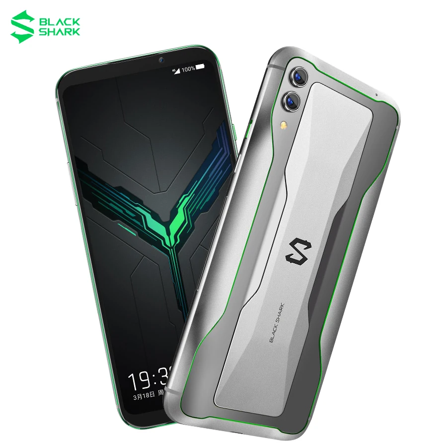 Мобильный телефон Xiaomi Black Shark 2 с 6.39" экраном, 6/8 ГБ оперативной памяти, 128 ГБ встроенной памяти, процессором Snapdragon 855 OctaCore на Android 9.0, поддержкой двух SIM-карт и поддержкой игр.