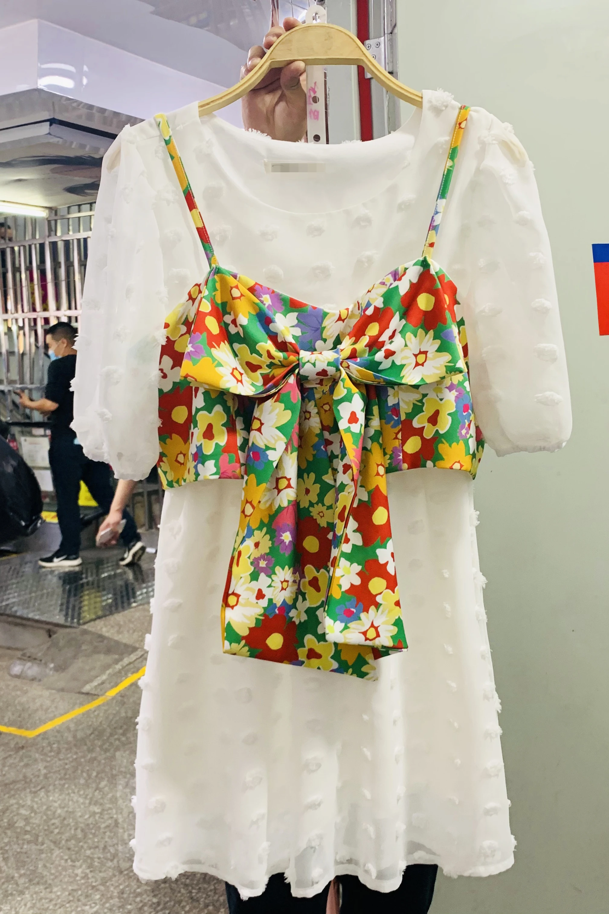 

White Dress Suit Women's 2021 New French Floral Bow Sling Chiffon Short Sleeve Dress Two-Piece Mini Dress Female Dress Summer
