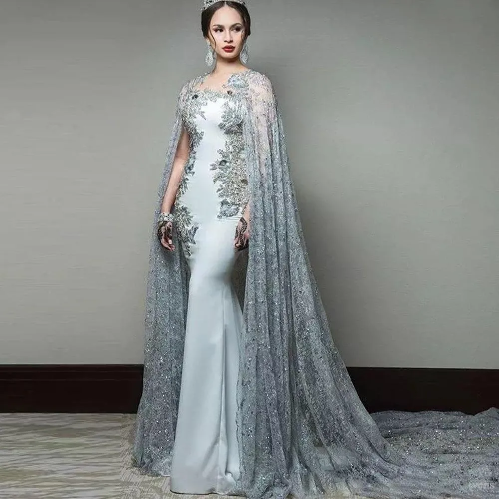 

Newest Abric Mermaid Evening Dresses with Cape Sleeve Jewel Neck Formal Evening Wear Sequined Sweep Train Celebrity Gowns