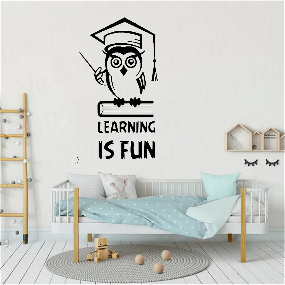 Learning Is Fun Inspirational Quote Wall Decal Education Owl Book Vinyl Sticker Kids Room Bedroom Decor School Decals WL1253 | Дом и сад