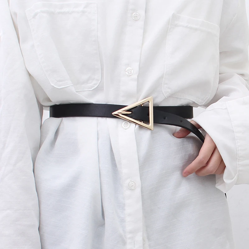

New Women Leather Belt Ladies Triangle Pin Buckle Belt Casual Fashion Fine Leather Belt for Women Girls Jeans Waist Strap Balck
