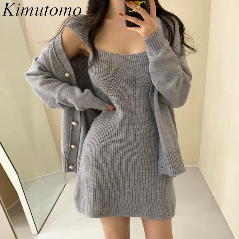 

Kimutomo Повседневный шикарный вязаный костюм 2022 Весенний Новый Ретро однотонный V-образный вырез жемчужные пуговицы Свободный кардиган на бре...