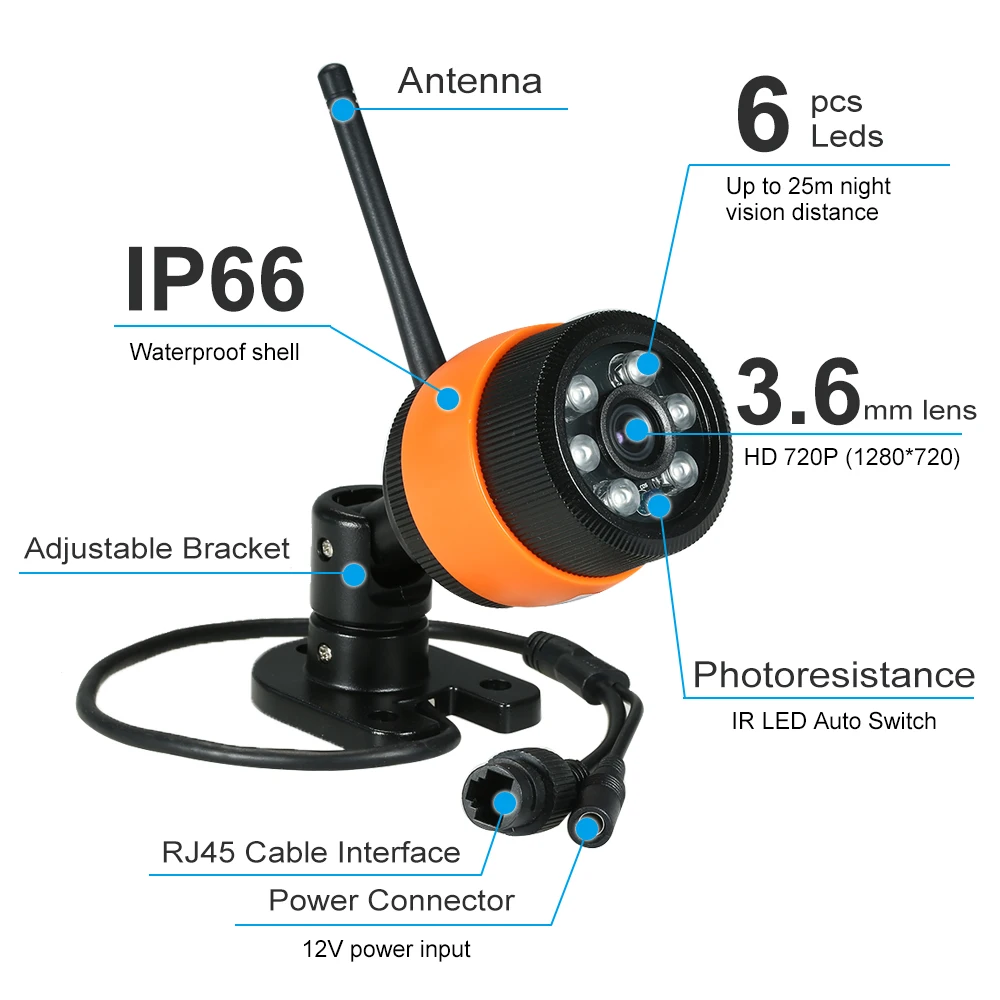 IP-камера HD 720P Водонепроницаемая с поддержкой облачного хранилища 1/4 дюйма CMOS 3 6 мм
