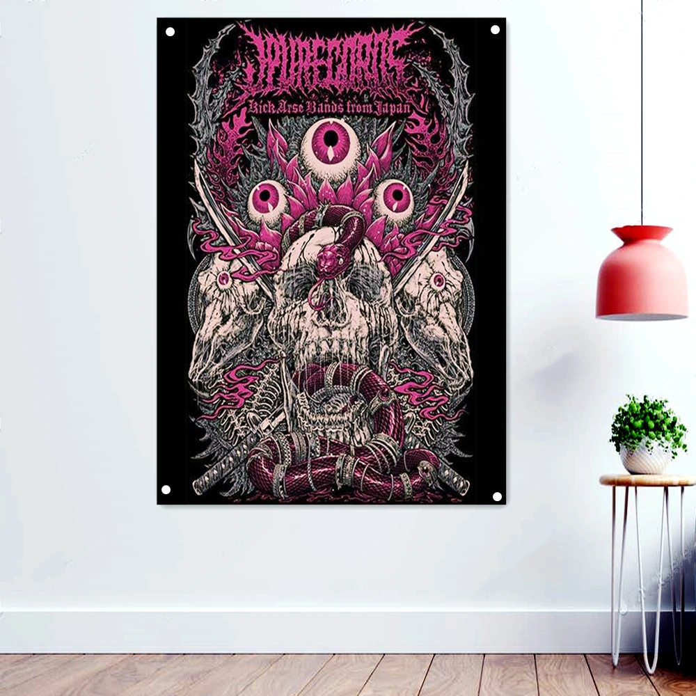 

Kick Arse Dark metal Metal Artist Banner Hanging Flag For Wall Decoration Macabre Death Art Rock Music Poster Wallpaper Tapestry