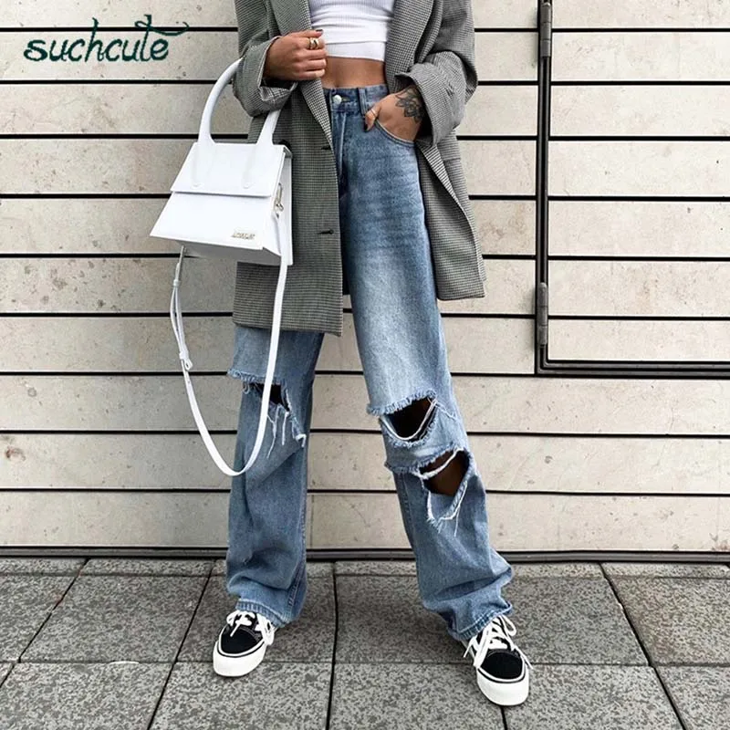 Blue jeans SUCHCUTE Hole Jeans Women Wide Leg Denim Pants Plus Size Punk Korean Style Trouser Casual Korean Style Harajuku Female Joggers - Цвет: Blue jeans
