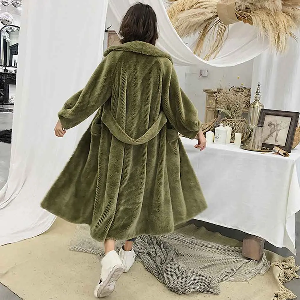 Green TXJRH стильная мохнатая длинная куртка из искусственного меха норки Верхняя одежда с отворотом и карманами теплое пальто большие размеры Топы 4 вида цветов - Цвет: Green