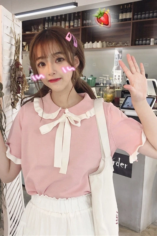 

Sweet Girls Summer Knitted Shirts Kawaii Style Peter Pan Collar Lace-up Bow Short Sleeve Patchwork Ruffles Loose Tops for Women
