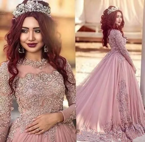 

2021 pink Muslim A Line Wedding Dresses Illusion Jewel Neck Long Sleeves Lace pearls Crystal Plus Size Court Train Bridal Gowns