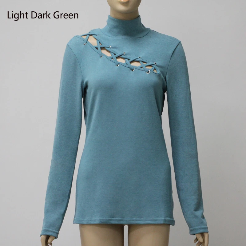 Light Dark Green Для женщин с длинным рукавом однотонные Цвет в европейском и американском стиле Стиль круглый ремешок на шею, через плечо футболка женский тонкий выдалбливают футболки SJ2226U - Цвет: Light Dark Green