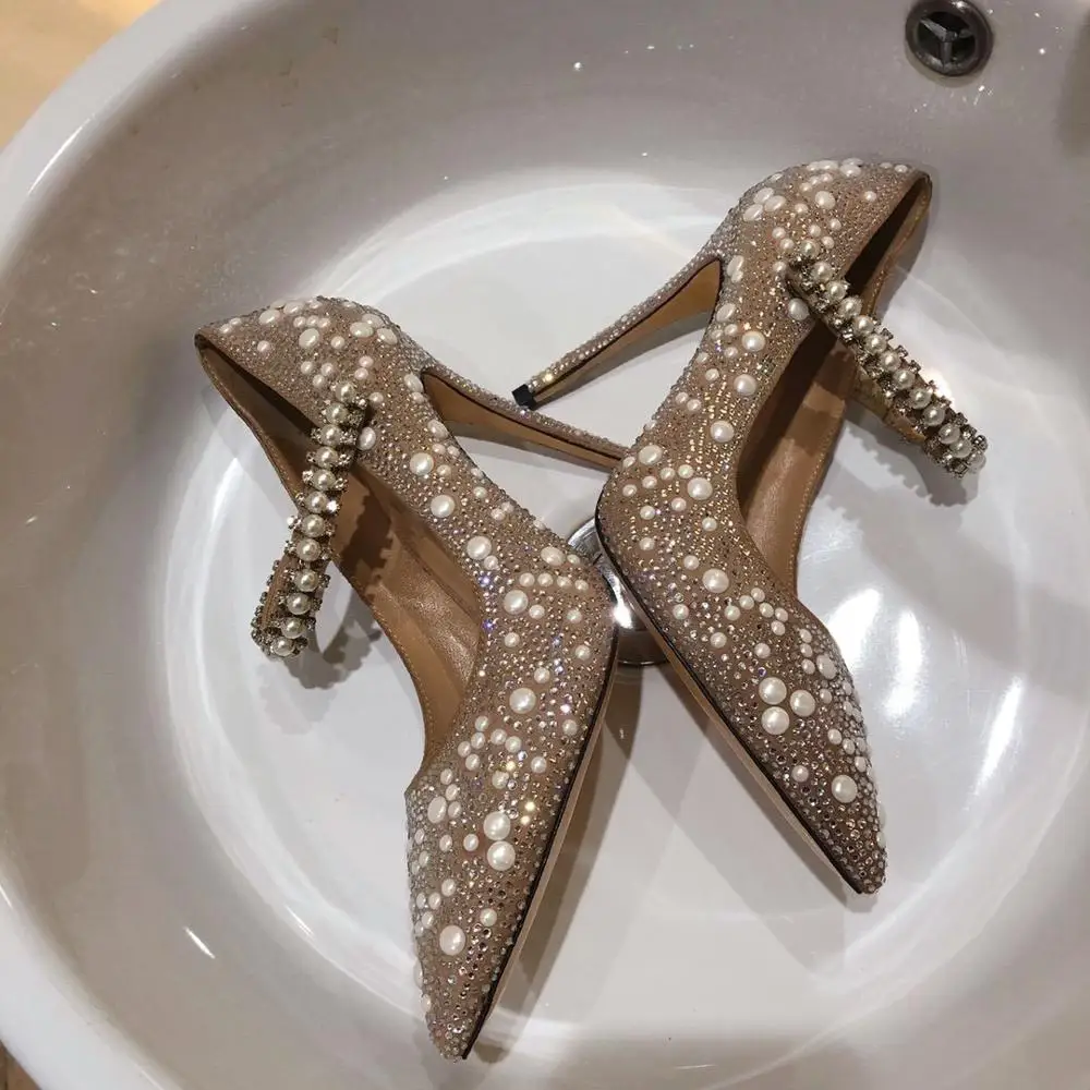 

Prowow Luxury Pumps Rhinestone Pearl Feather Sandals Woman Spring Summer Suede Woman Shoes Sexy High Heels Pointed Toe Shoes