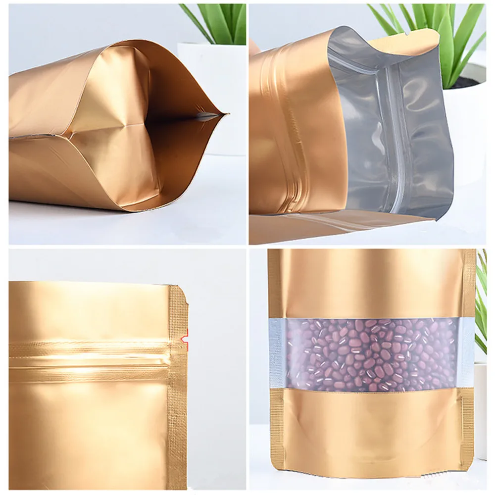 

100Pcs Zip Lock Stand Up Aluminum Mylar Foil Bag with Frosted Window Resealable Reclosable Tear Notch Doypack Food Storage Pack