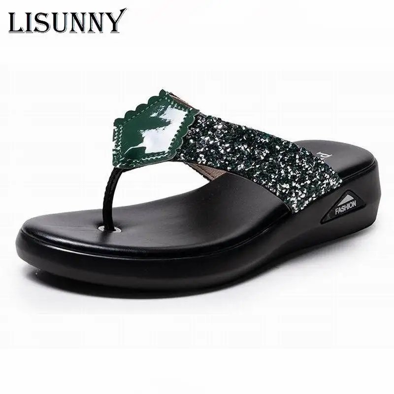 

LISUNNY New Women Flip Flops Summer Flat Platform Shoes Woman Outside Slippers Fashion Crystal Silver Flip Flops Women Footwear