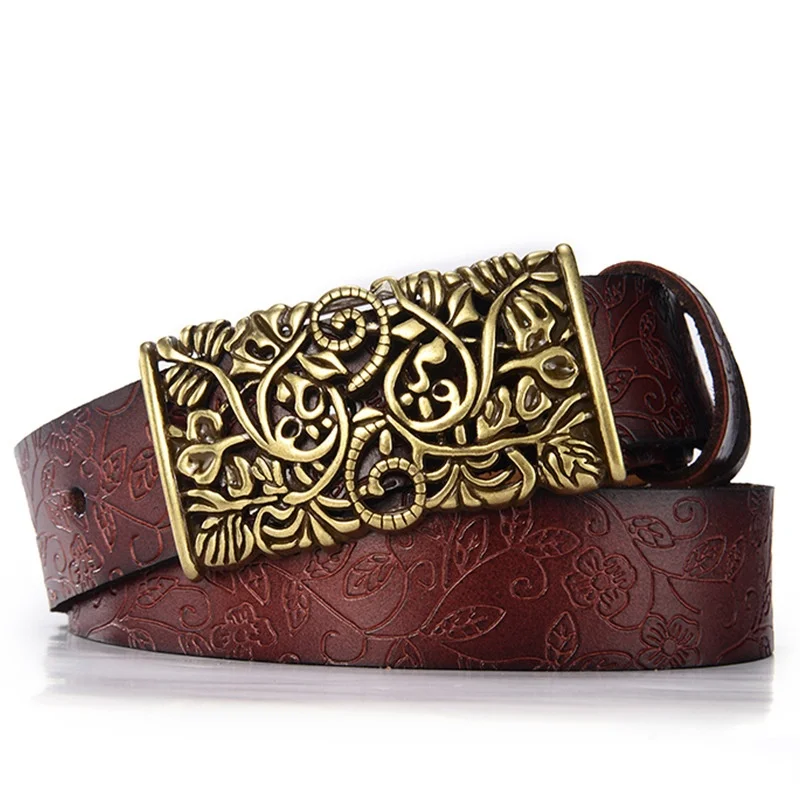 

2021 New Belt For Women Waistband Cowskin Leather Lady Belt Vintage Pin Buckle Hollow Flower Fashion Woman Jeans Girdle Female