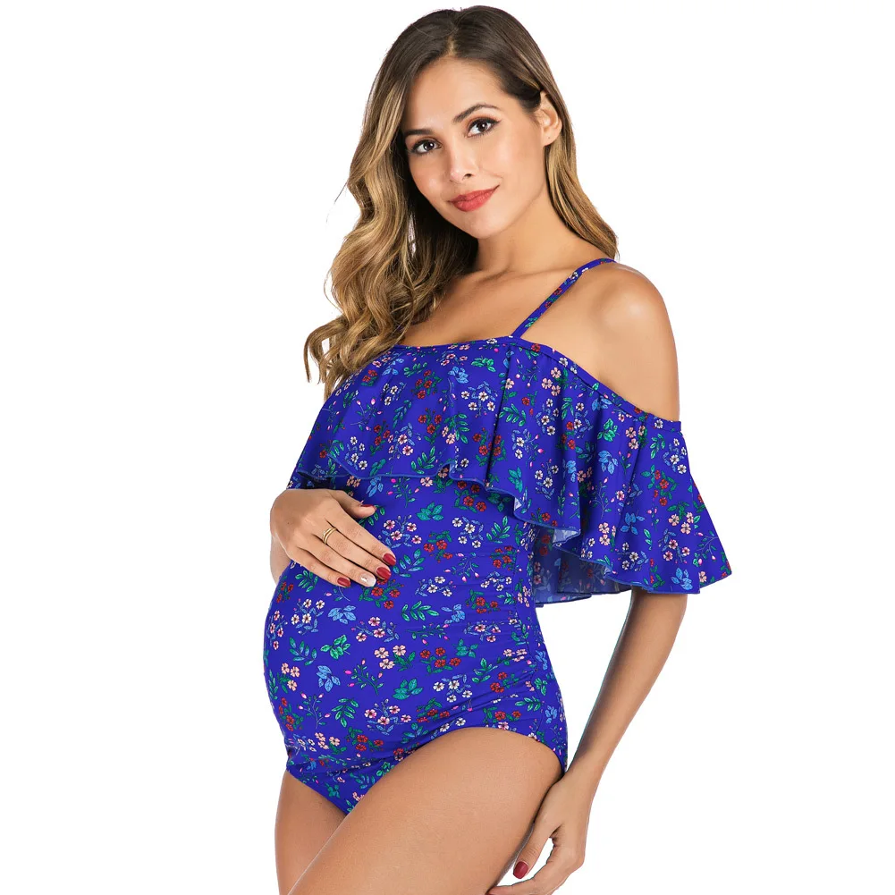 

2021 Pregnant Women Bikini Floral Print Sling Ruffled One-Piece Maternity Swimsuit Cover Belly Sexy Swimwear Beachwear S-2xl