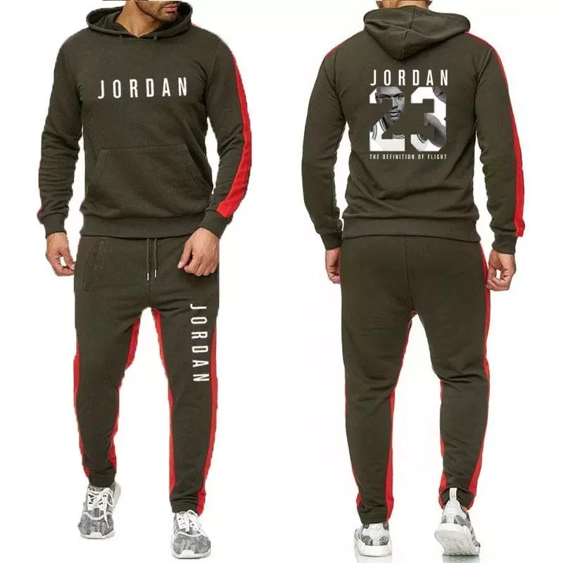 

Men's fashion printed brand track and field sportswear men's hoodie color-blocking long-sleeved coat + pants 2-piece suit