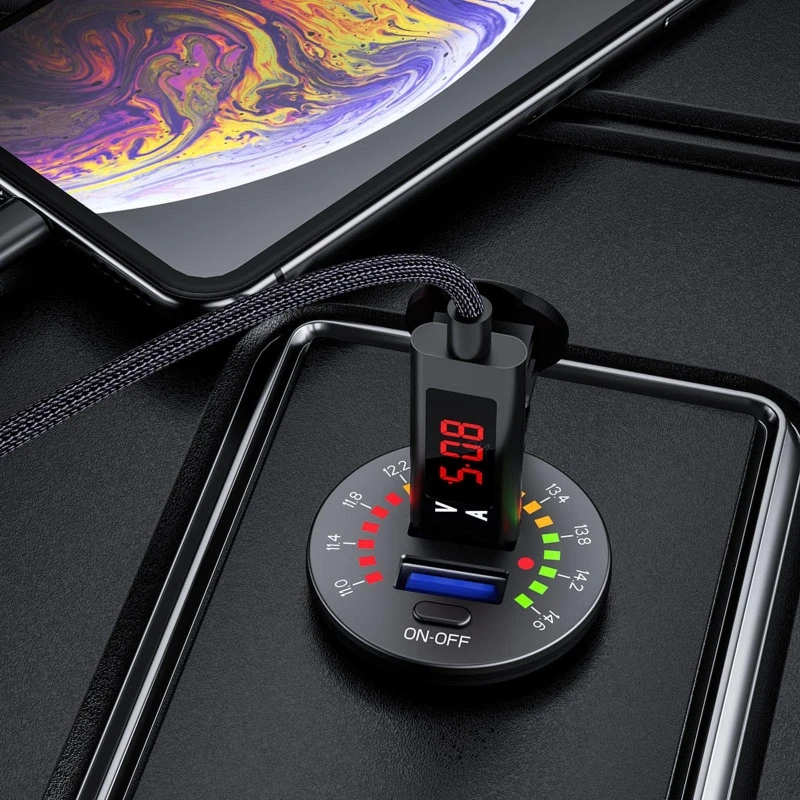 

12V Quick Charge QC3.0 USB 18W Type C PD Car Charger with LED Voltmeter Switch E65C