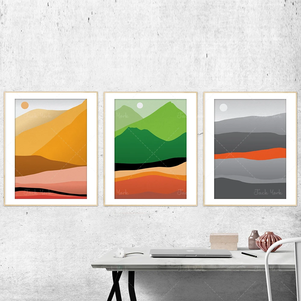 

Scandinavian Colorful Mountain Set, Modern Abstract Landscape Art, Sunrise Sunset Nordic Print, Summer Spring Scenery