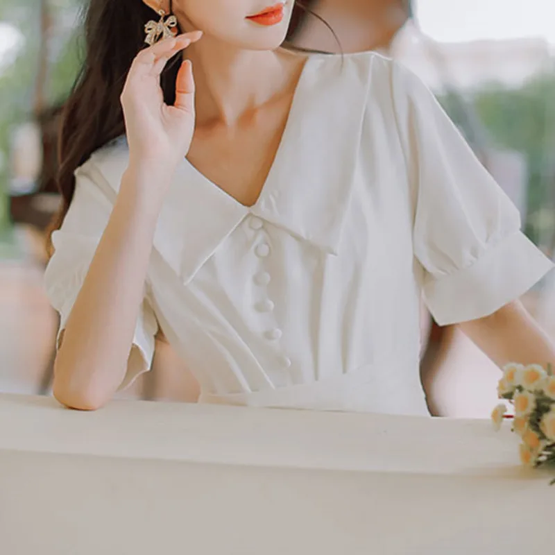 

Women Summer Short Sleeve Dress Solid Elegant Party Vestido 2021 French Vintage Girl Single-breasted Lapel Temperament Dresses