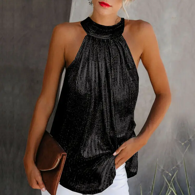 Женская Блестящая майка с лямкой на шее летняя повседневная Однотонная футболка