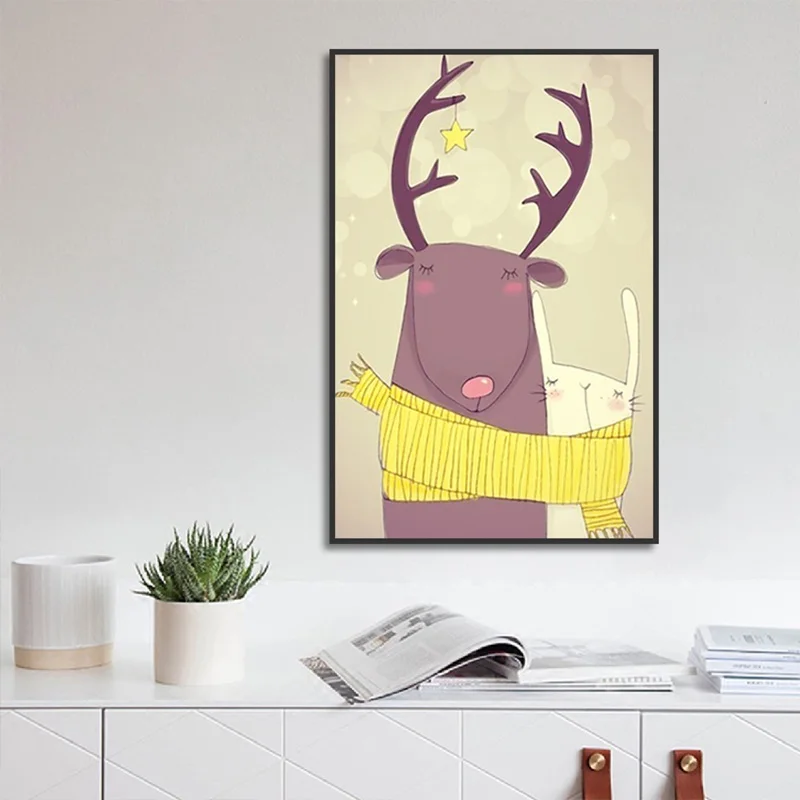 

Canvas Hanging Pictures Brown Deer White Rabbit Lovely Cartoon Decorative Paintings For Living Room Bedroom Kid Room