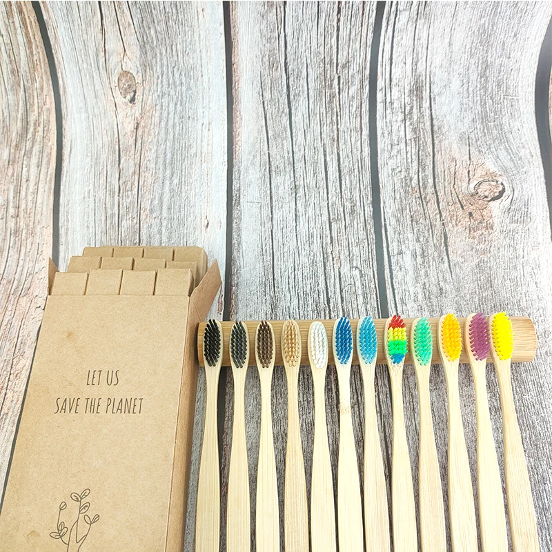 

12Pcs Bamboo Toothbrush Eco-Friendly Product Vegan Tooth Brush Rainbow Black Wooden Soft Fibre Adults Travel Set For Oral Care