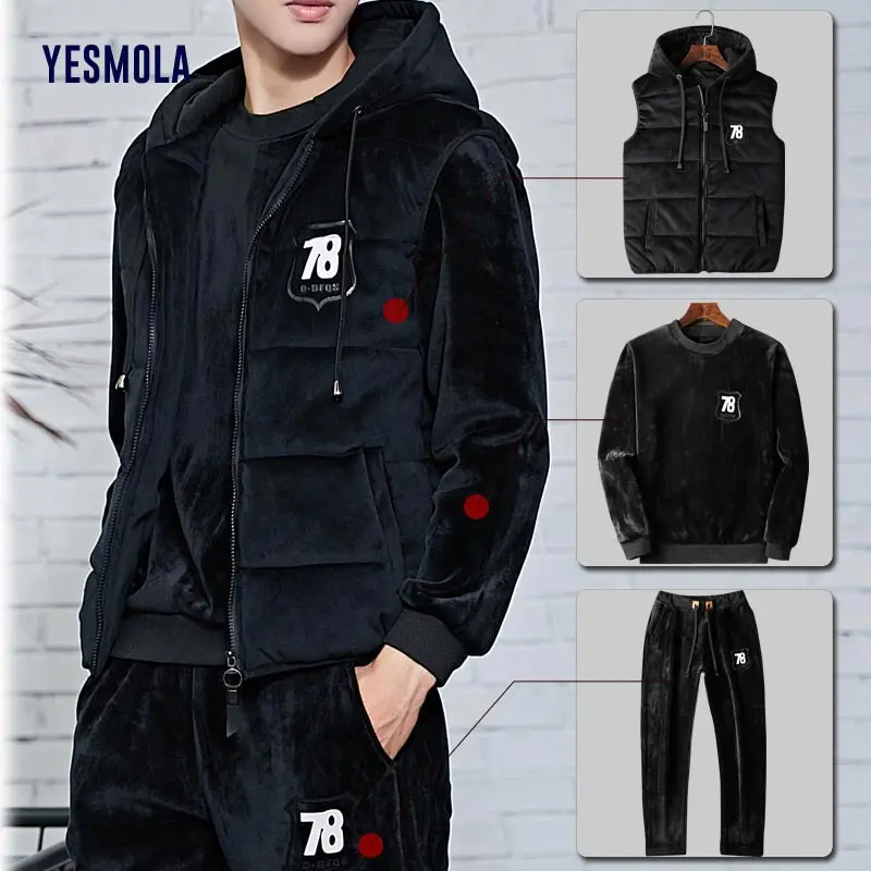 YESMOLA Men's Sweater Plush Thickened 3 Piece Leisure Running Suit Fashion Jogging Sportswear Sport Suit Clothing