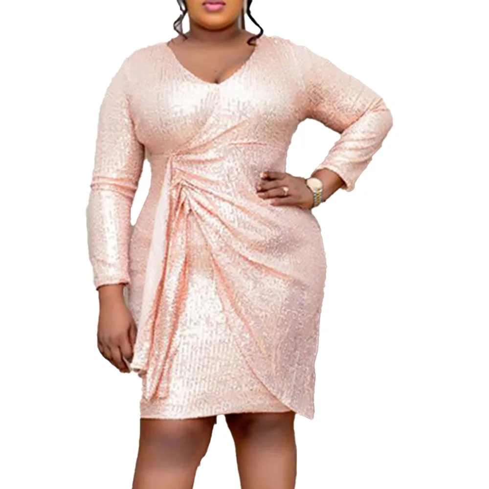 

Europe America Summer 2021 African Sequins Solid Color Folds V-neck Fashion Temperament Long Sleeve Women's Dress Casual