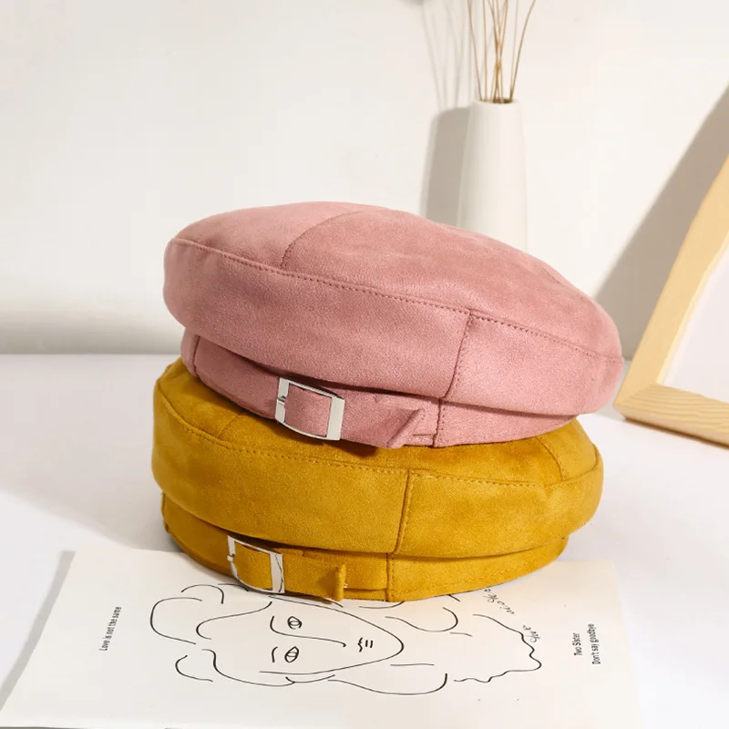 Temperament vintage leather buckle PU leather Beret women's autumn and winter fashion easy match flat top painter cap