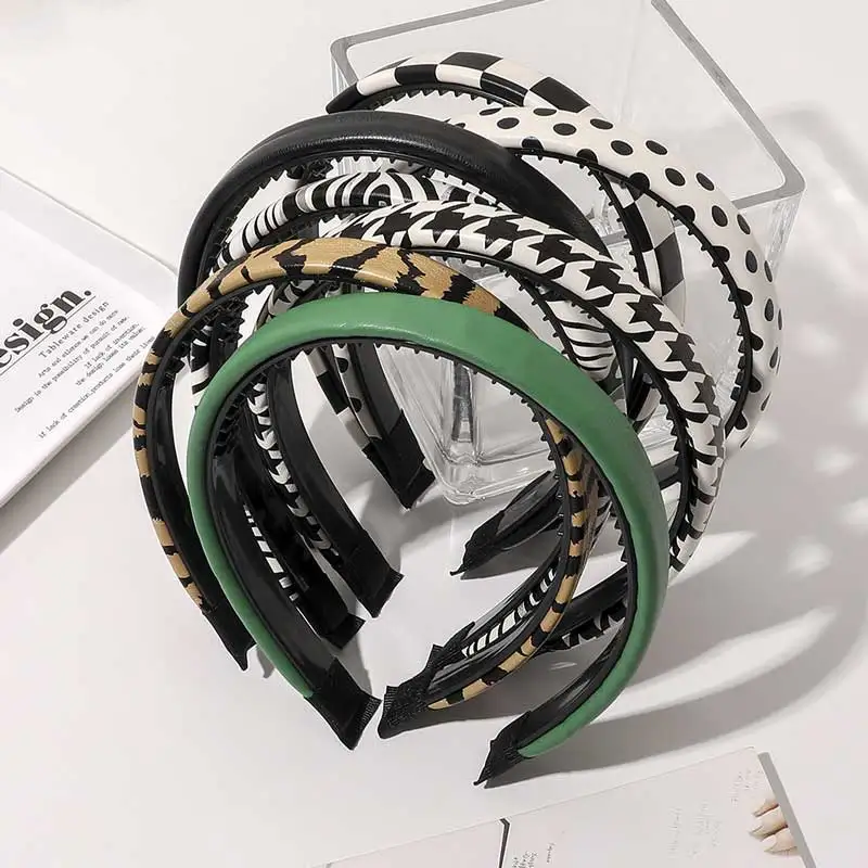 

CN Plaid PU Bezel Handmade Headband Women Girls Vintage Hairband Korea Headwear Lady Elastic Hair Bands Hair Accessories
