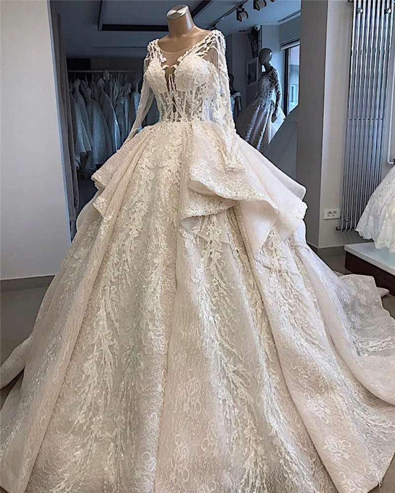 New Arrivals Luxury Beaded Lace Ball Gown Wedding Dresses Hot New Design Long Sleeve Tiered Wedding Gowns Vestido De Noiva