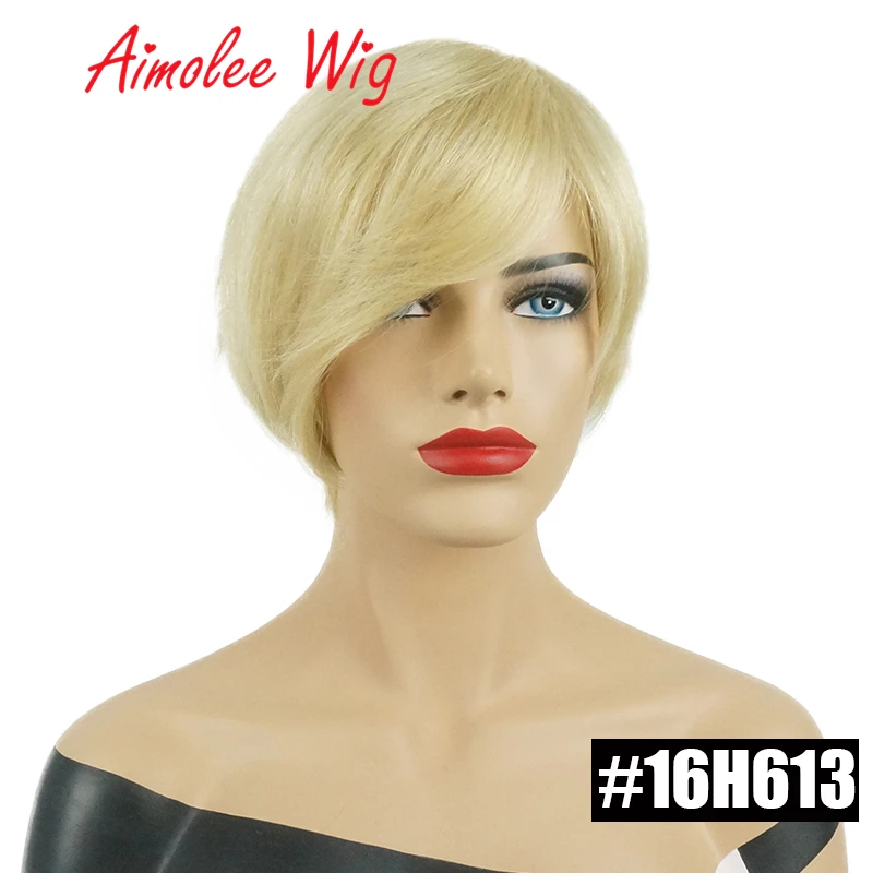 Short Straight Hair Blend Wigs Women'S Bob Style Wig Human Hair Synthetic Real Black Brown Blonde Asymmetrical Hair Daily Wig