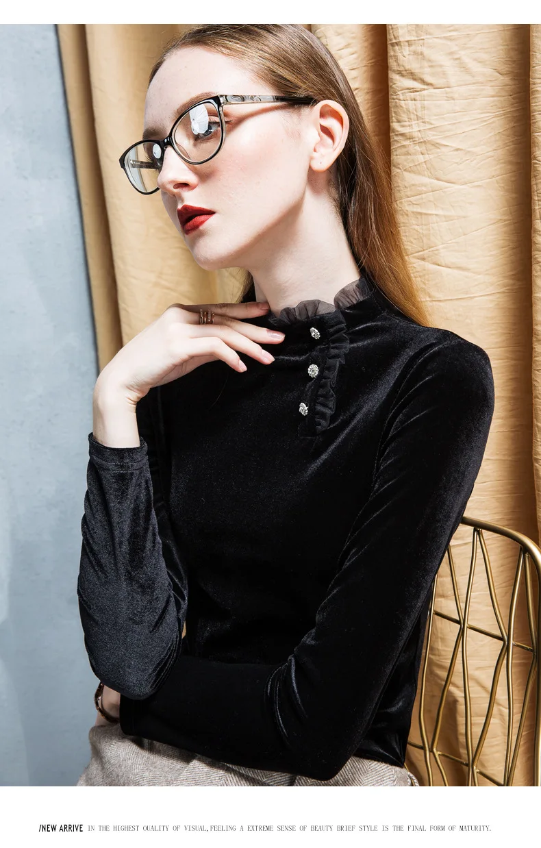 

2020 Autumn Winter New Velvet Small Stand-Up Collar Ruffled Fairy Bottoming Shirt Women's European Goods Style Small Shirt