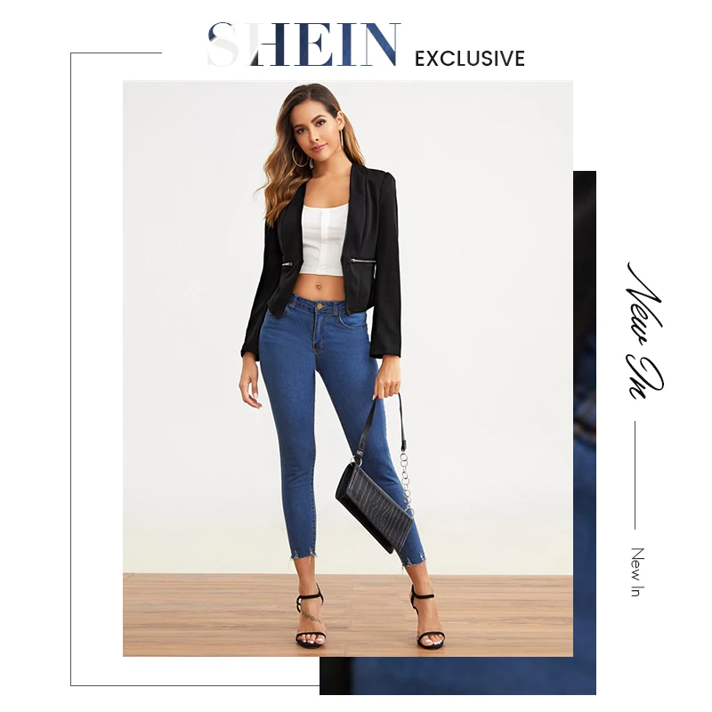 SHEIN черный Открытый Placket молния деталь блейзер для женщин Весна Осень однотонная приталенная верхняя одежда элегантные офисные платья блейзеры