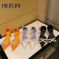 niufuni pearl bright leather womens sandals metal belt buckle sandals solid color party banquet women shoes elegant pointed toe