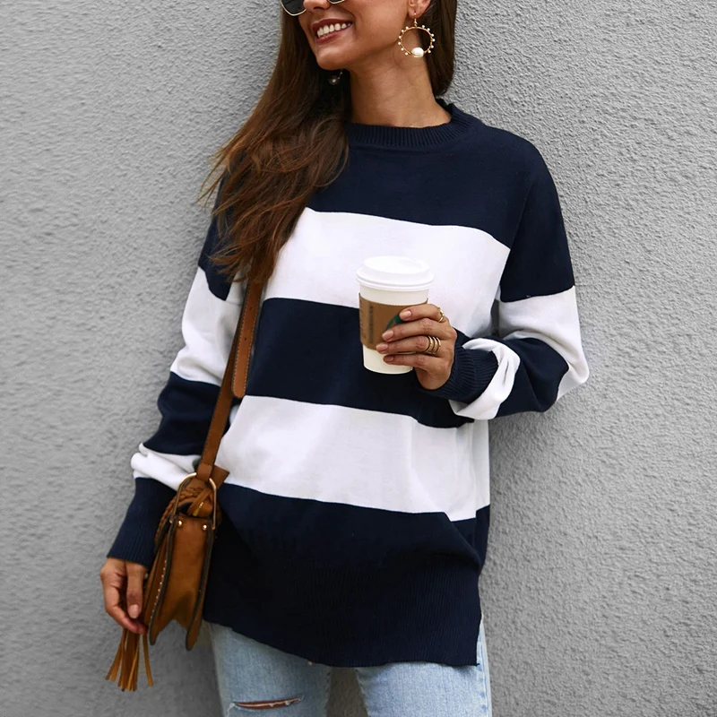 

Women's Long Sleeve Crew Neck Striped Color Block Casual Loose Knitted Sweater Pullover Tops