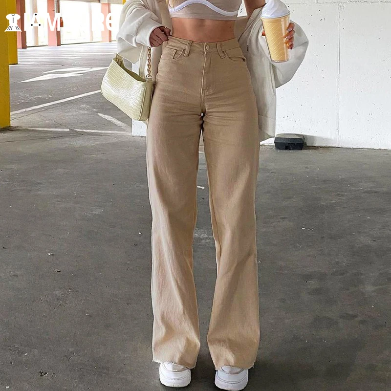 

IAMSURE Casual Loose Solid Jeans Elegant Fashion Slim Wide Leg Pants High Waisted Trousers Women 2021 Spring Autumn Streetwear