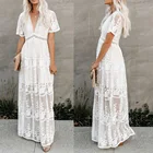 Женское длинное платье в стиле бохо, свободное белое кружевное пляжное платье-туника с вышивкой, праздничная одежда для отпуска, лето 2021