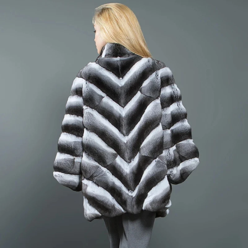 2022 Winter Fashion Real Chinchilla Color Natural Rex Rabbit Fur Coat Stand Collar Whole Skin Genuine Rabbit Fur Jackets Woman