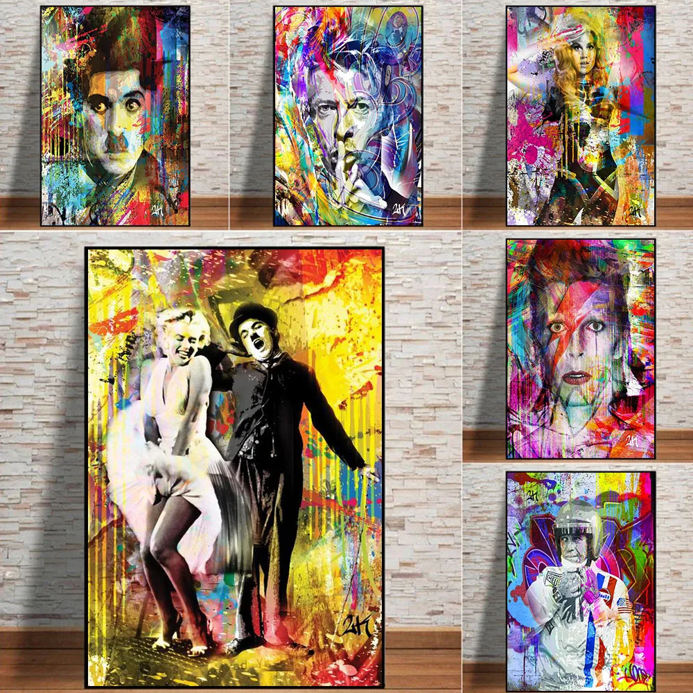 

Vintage graffiti art celebrities watercolor canvas painting murals and posters decoration street art prints poster pictures