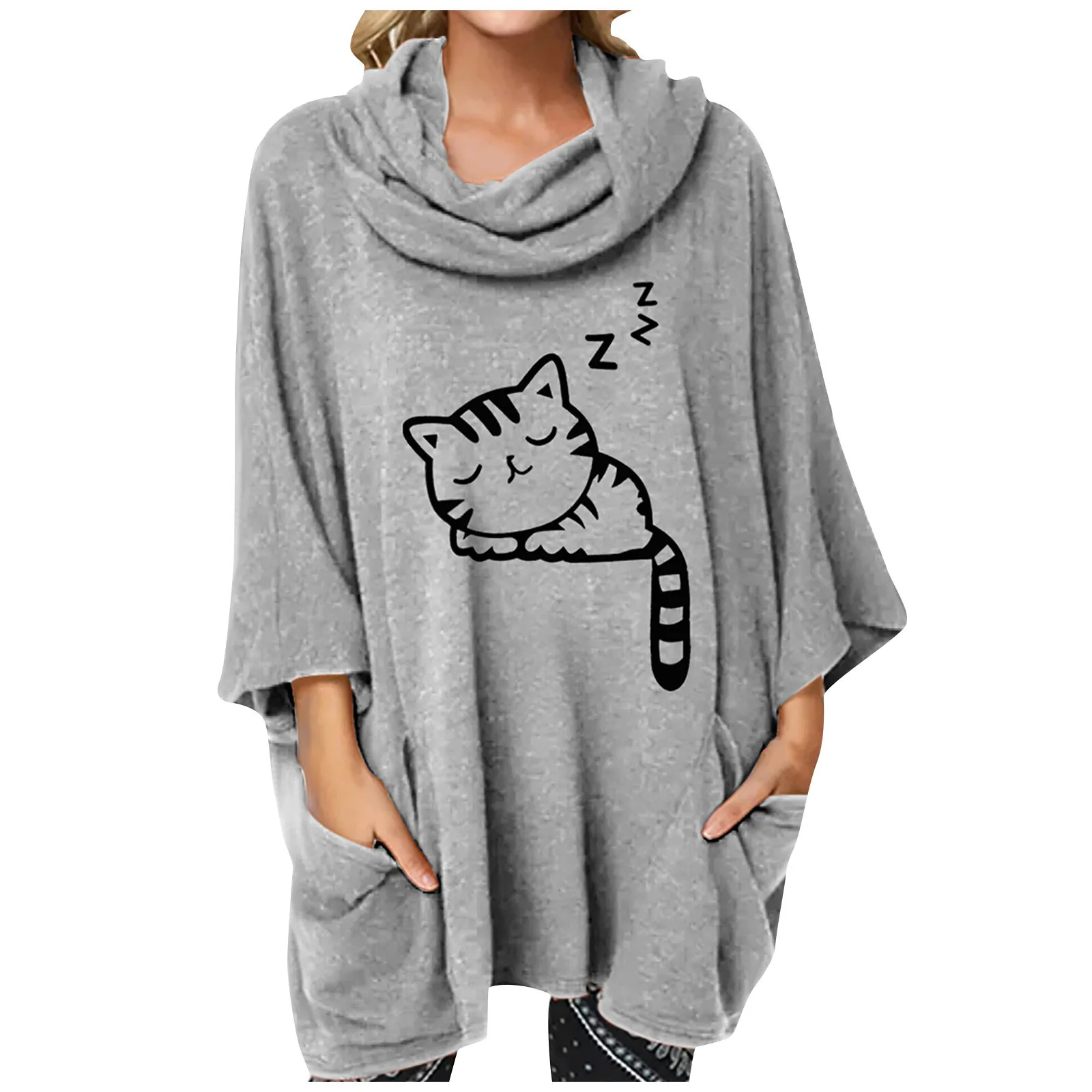 Harajuku Hoodie Women Kawaii Anime Cute Cat Cartoon Hooded Sweatshirt Middle Sleeve Pocket Sweatshirts Tops oversized Pullover