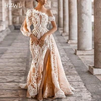 retro lace mermaid wedding dresses champagne off the shoulder open long sleeve side split bridal gowns sweep vestidos