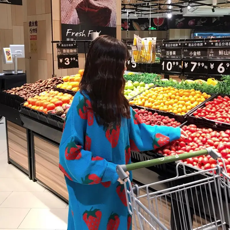 Kawaii розовый свитер длинный участок большого размера клубничный пуловер свитер зима женская корейская версия трикотажа осень теплая новая одежда