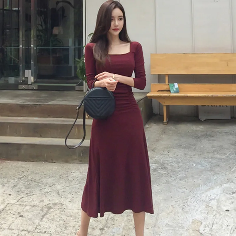 Женское трикотажное платье миди с квадратным вырезом и длинным рукавом|Женские