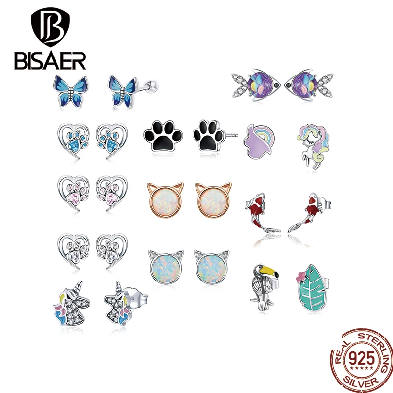 

BISAER Colorful Cute Animal Stud Earrings 925 Sterling Silver Heart Shape CZ Crystal Unicorn Earring For Women Fine Jewelry Gift