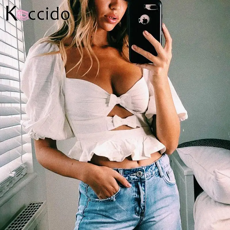 Белая блузка с рукавами фонариками женская рубашка бантом и рюшами Винтажная