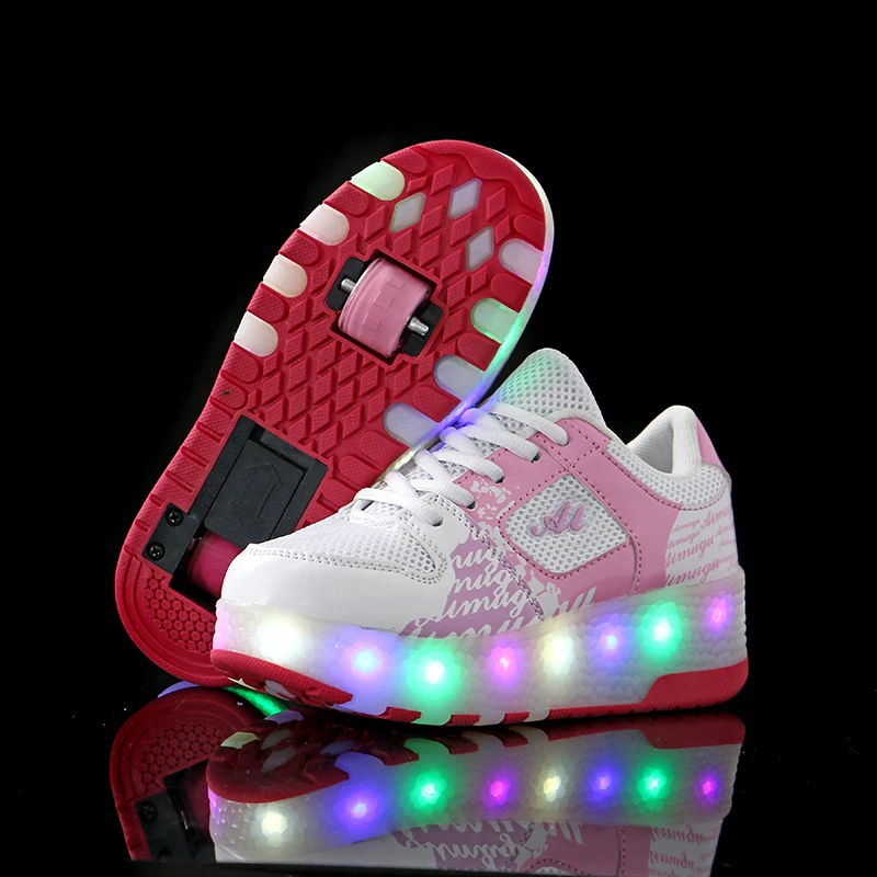 

Black Kids Boys Shoes with Two Wheels Children Shoes Glowing Sneakers Led Light up Kids Shoes For Boy Girl Shining Shoe Pink