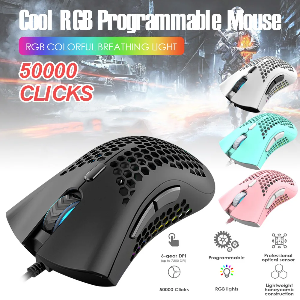 

RGB Wired Gaming Mouse Ultra-Light Right Hand Mouse 7 Keys, 5 Light Modes, Up to 7200DPI